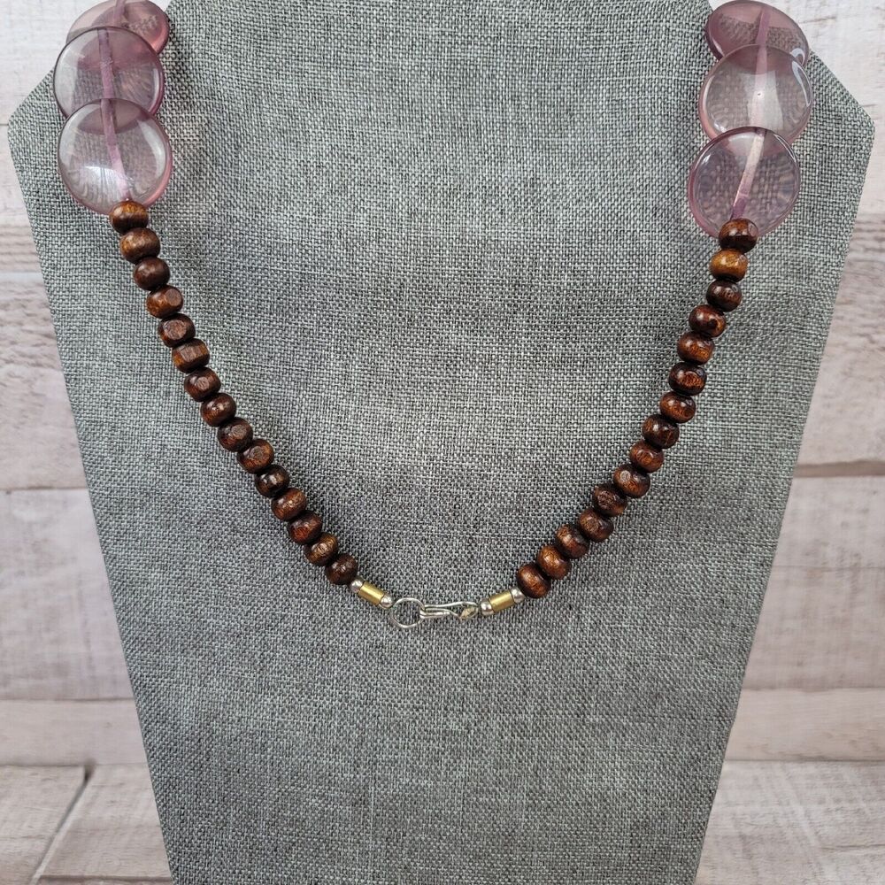 Vintage Purple Lucite Necklace Graduated Round Disc Wood Beads Bundle of Two - Picture 3 of 15